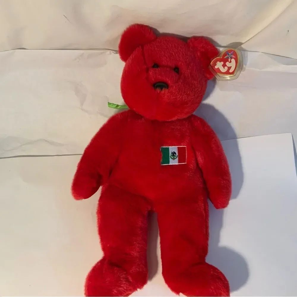 TY Beanie Buddy OSITO THE RED TEDDY BEAR WITH MEXICAN FLAG STUFFED ANIMAL NEW
